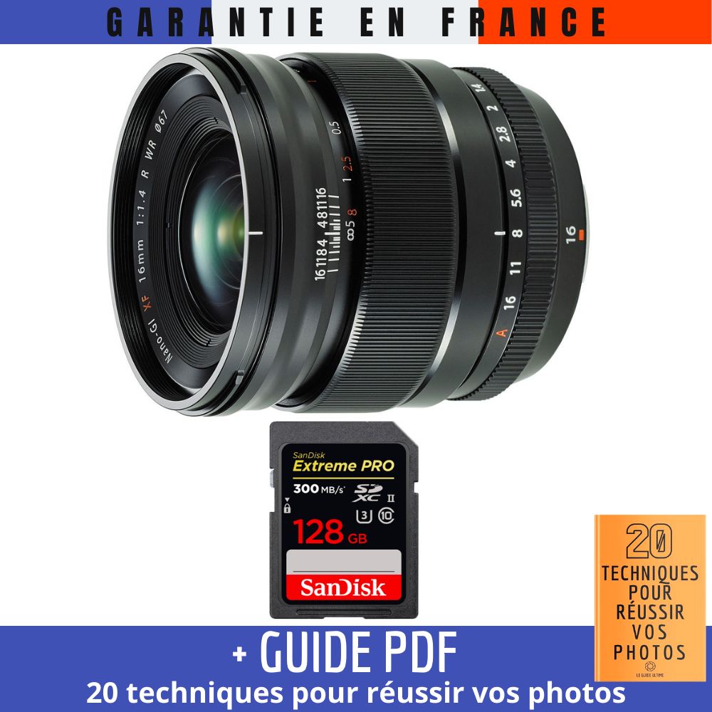 Fujifilm XF 16mm f/1.4 R WR Lens + 1 SanDisk 128GB UHS-II Card + Guide: 20 Techniques for Successful Photos