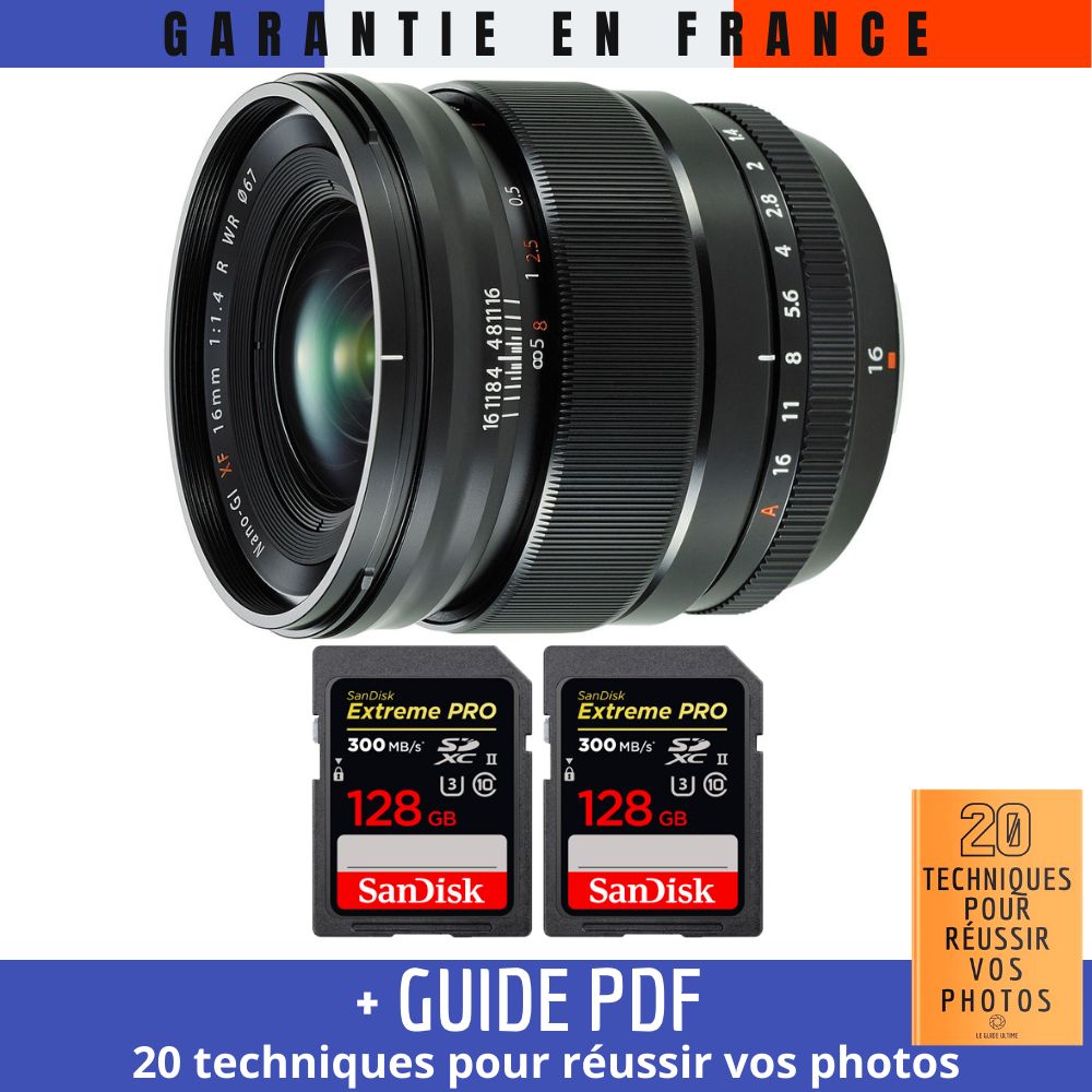 Fujifilm XF 16mm f/1.4 R WR Lens + 2 SanDisk 128GB UHS-II Cards + Guide: 20 Techniques for Successful Photos