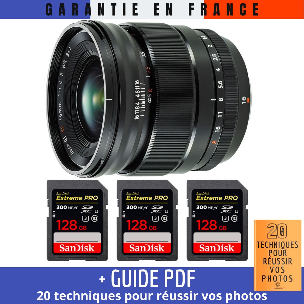 Fujifilm XF 16mm f/1.4 R WR Lens + 3 SanDisk 128GB UHS-II Cards + Guide PDF: 20 TECHNIQUES FOR SUCCESSFUL PHOTOS