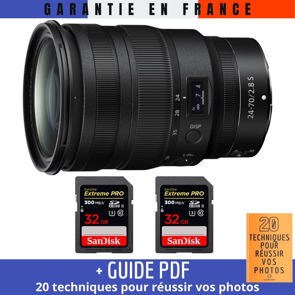 Nikon Z 24-70mm f/2.8 S Lens + 2 SanDisk 32GB UHS-II Cards + '20 TECHNIQUES POUR RÉUSSIR VOS PHOTOS' Guide
