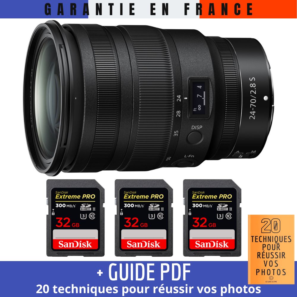 Nikon Z 24-70mm f/2.8 S Lens + 3 SanDisk 32GB UHS-II 300MB/s Cards + '20 TECHNIQUES POUR RÉUSSIR VOS PHOTOS' Guide