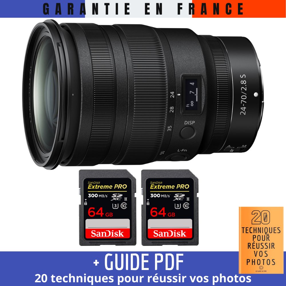 Nikon Z 24-70mm f/2.8 S Lens + 2 SanDisk 64GB UHS-II 300MB/s Cards + '20 TECHNIQUES POUR RÉUSSIR VOS PHOTOS' Guide