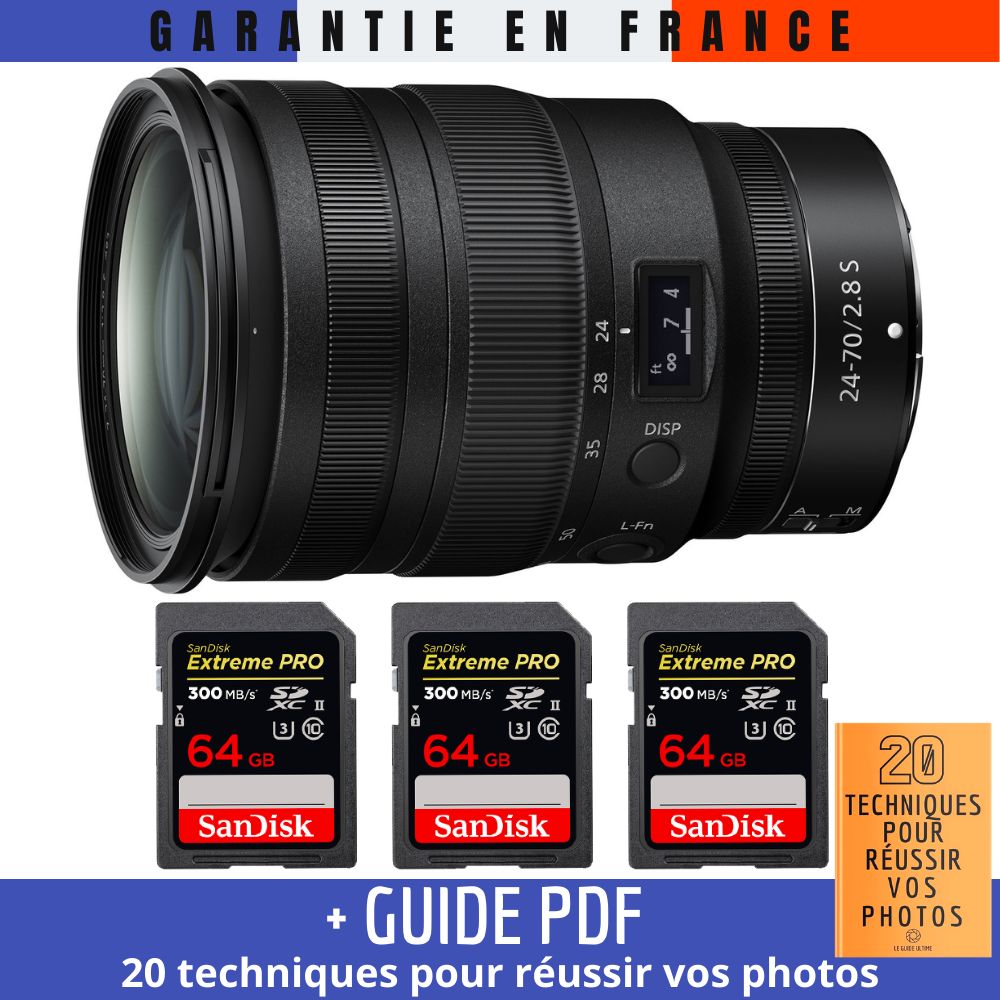 Nikon Z 24-70mm f/2.8 S Lens + 3 SanDisk 64GB UHS-II 300MB/s Memory Cards + '20 TECHNIQUES POUR RÉUSSIR VOS PHOTOS' Guide