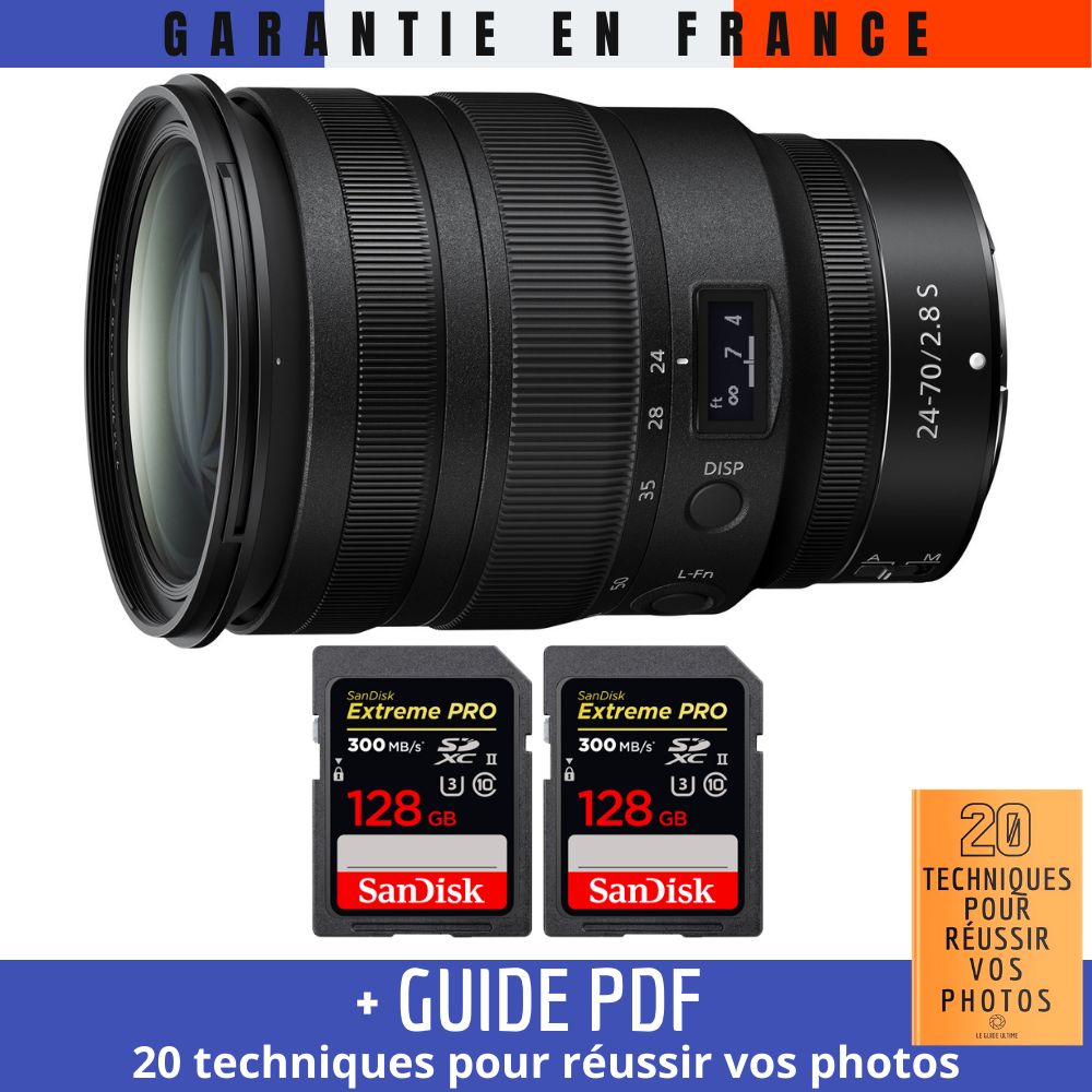 Nikon Z 24-70mm f/2.8 S Lens + 2 SanDisk 128GB UHS-II Cards + '20 TECHNIQUES POUR RÉUSSIR VOS PHOTOS' Guide