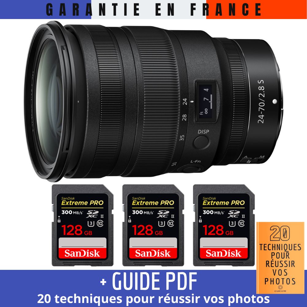 Nikon Z 24-70mm f/2.8 S Lens + 3 SanDisk 128GB UHS-II 300MB/s Cards + '20 TECHNIQUES POUR RÉUSSIR VOS PHOTOS' Guide