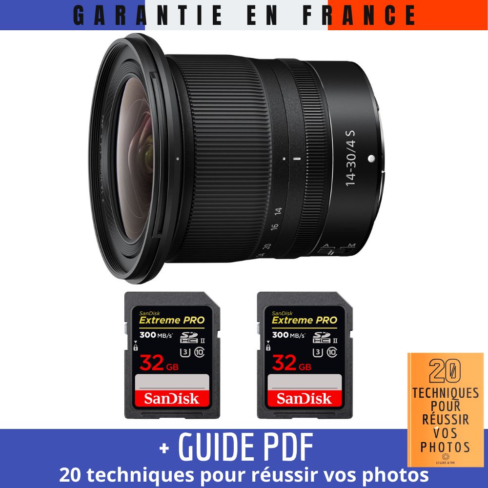 Nikon Z 14-30mm f/4 S Lens + 2 SanDisk 32GB UHS-II Cards + '20 TECHNIQUES POUR RÉUSSIR VOS PHOTOS' Guide
