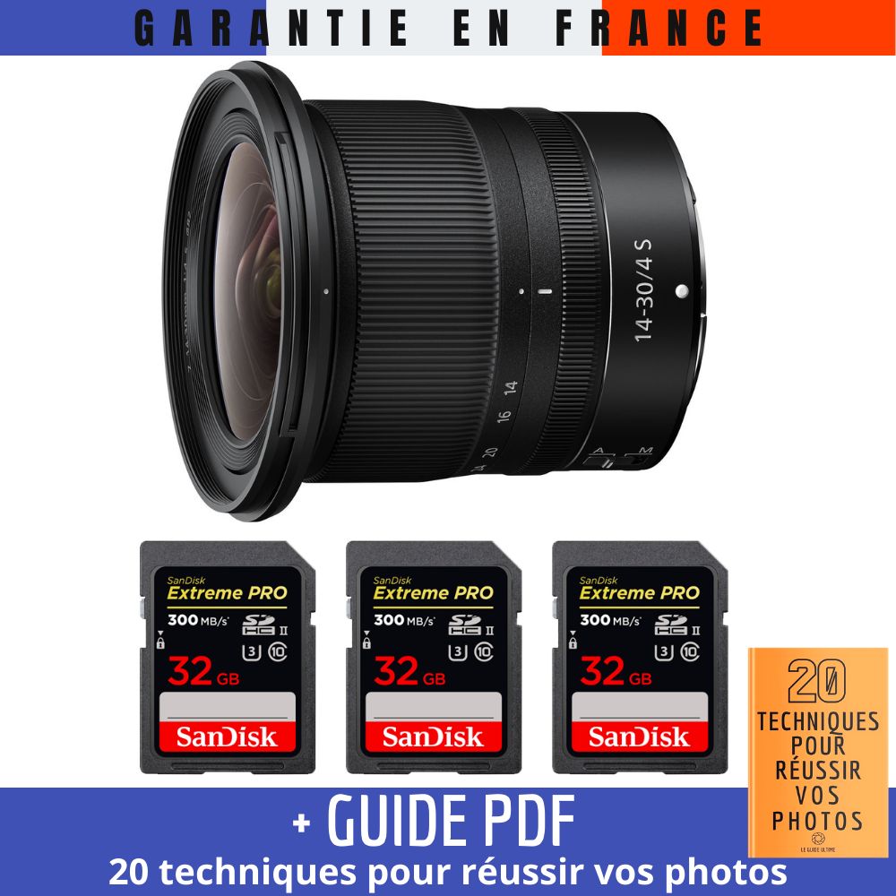 Nikon Z 14-30mm f/4 S Lens + 3 SanDisk 32GB UHS-II 300MB/s Cards + '20 TECHNIQUES POUR RÉUSSIR VOS PHOTOS' Guide