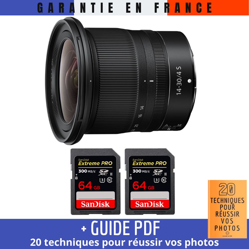 Nikon Z 14-30mm f/4 S Lens + 2 SanDisk 64GB UHS-II 300MB/s Cards + '20 TECHNIQUES POUR RÉUSSIR VOS PHOTOS' Guide