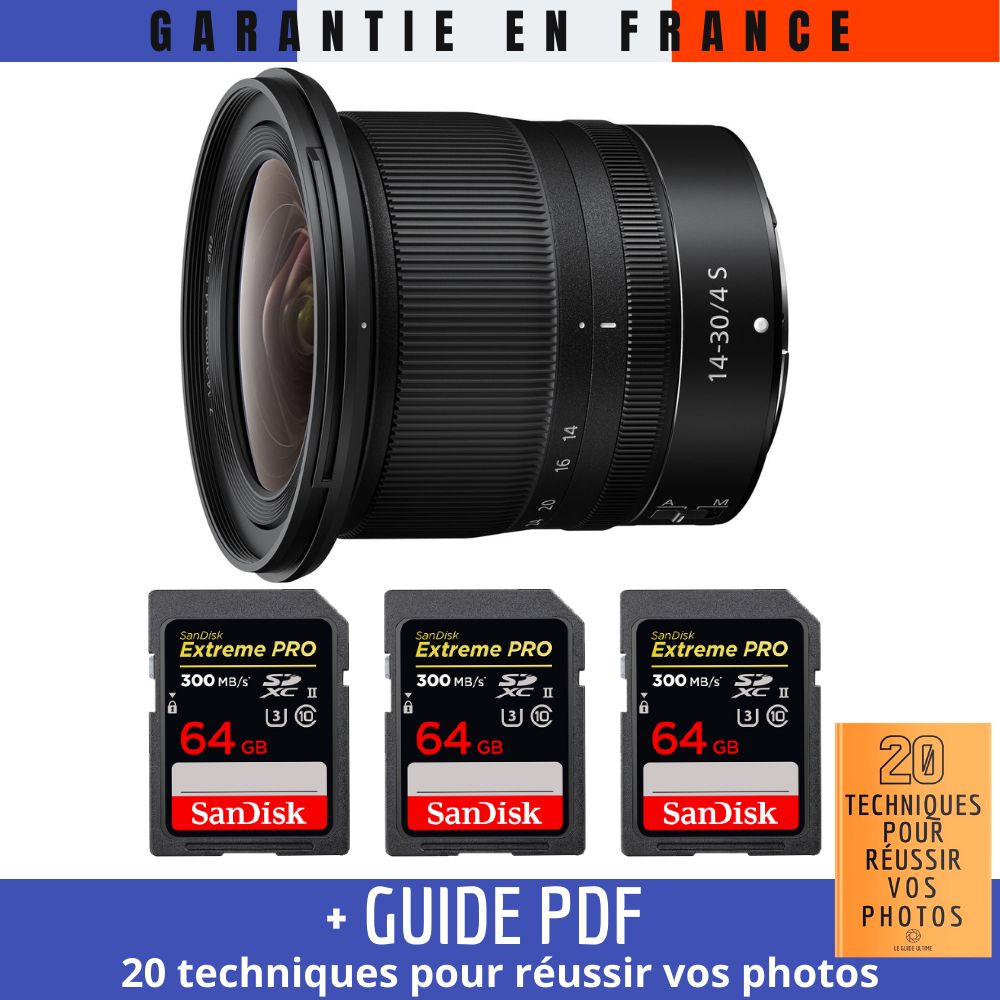 Nikon Z 14-30mm f/4 S Lens + 3 SanDisk 64GB UHS-II Cards (300MB/s) + Guide PDF: '20 Techniques to Succeed at Photography'