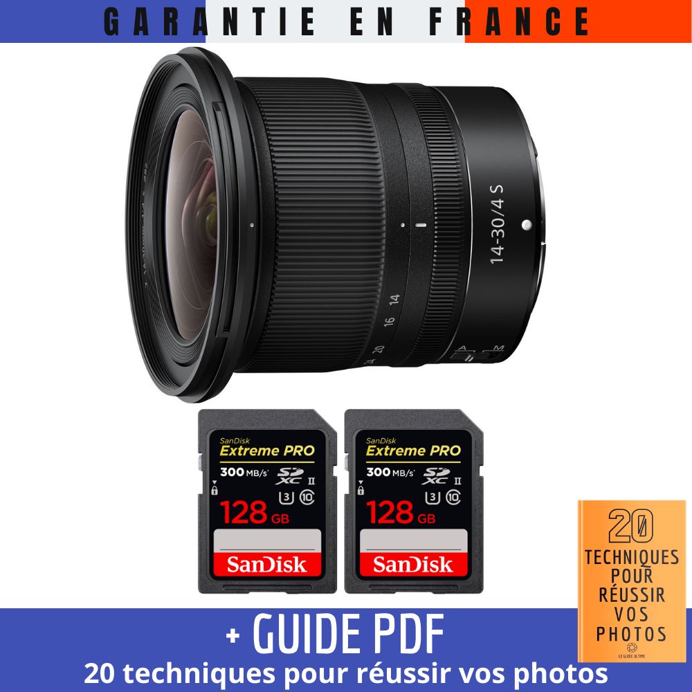 Objectif Nikon Z 14-30mm f/4 S + 2 cartes SanDisk 128Go UHS-II 300Mo/s + guide '20 techniques pour réussir vos photos'