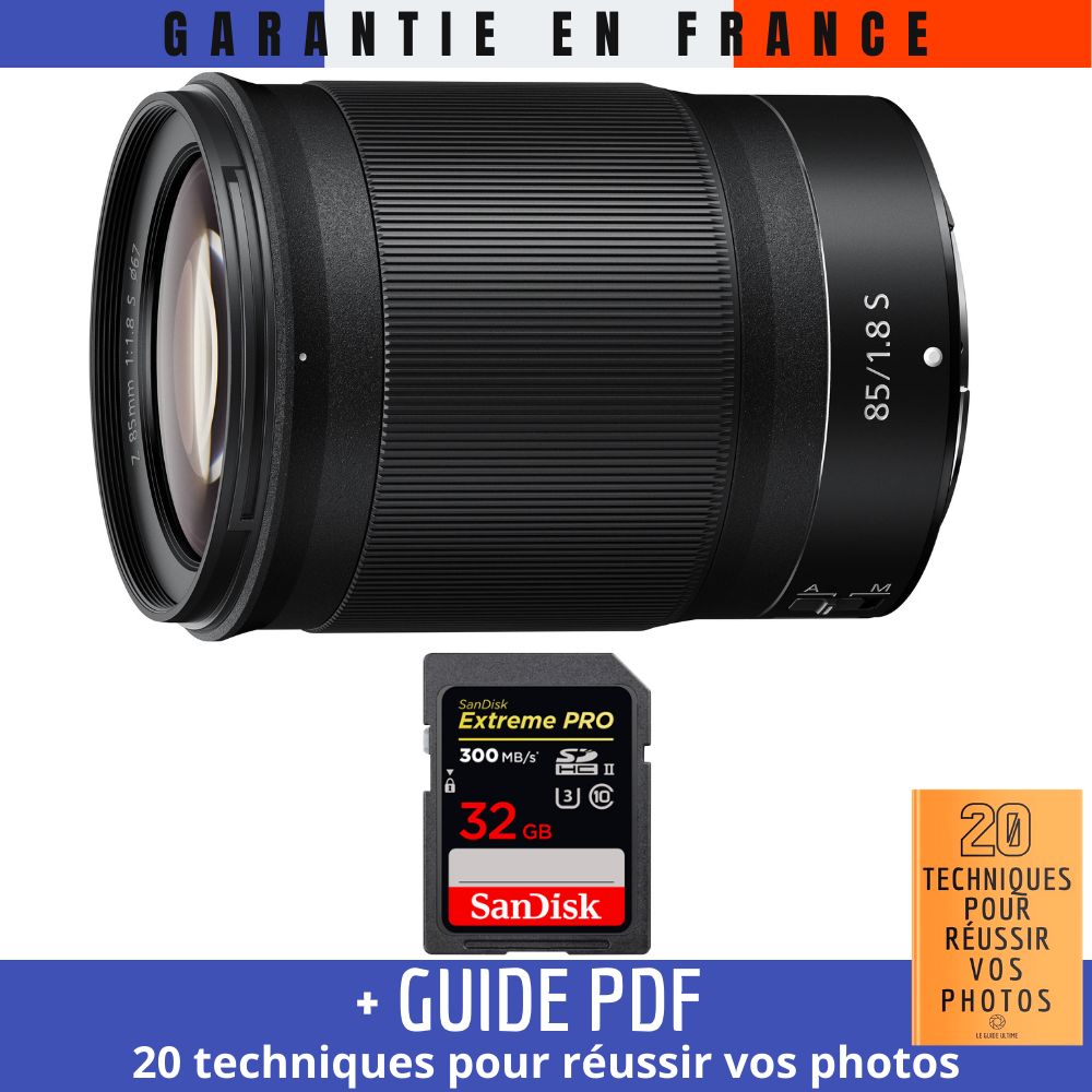 Nikon Z 85mm f/1.8 S Lens + 32GB SanDisk UHS-II Card + '20 TECHNIQUES POUR RÉUSSIR VOS PHOTOS' Guide