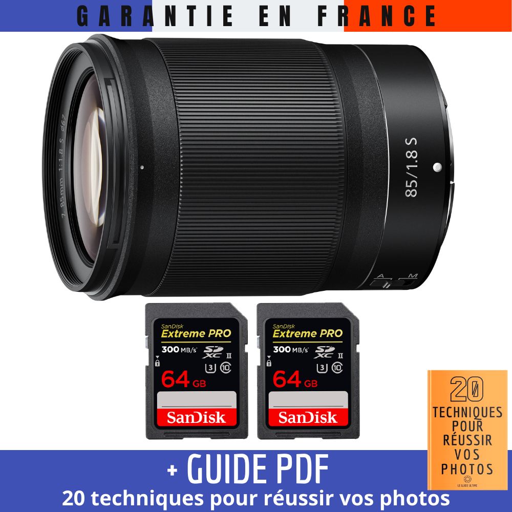 Nikon Z 85mm f/1.8 S Lens + 2x 64GB SanDisk UHS-II Cards + '20 TECHNIQUES POUR RÉUSSIR VOS PHOTOS' Guide