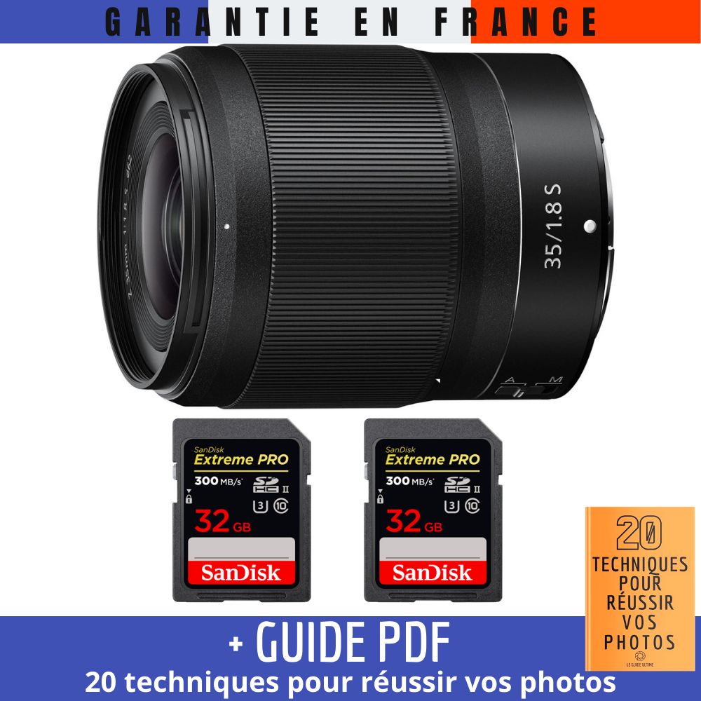 Nikon Z 35mm f/1.8 S Lens + 2 SanDisk 32GB UHS-II 300MB/s Cards + '20 TECHNIQUES POUR RÉUSSIR VOS PHOTOS' Guide