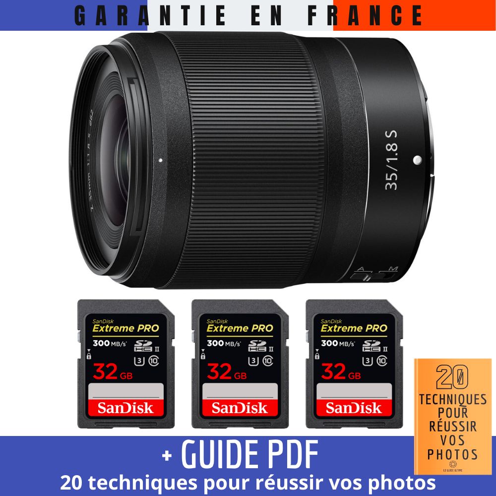 Nikon Z 35mm f/1.8 S Lens + 3 SanDisk 32GB UHS-II 300MB/s Cards + '20 TECHNIQUES POUR RÉUSSIR VOS PHOTOS' Guide