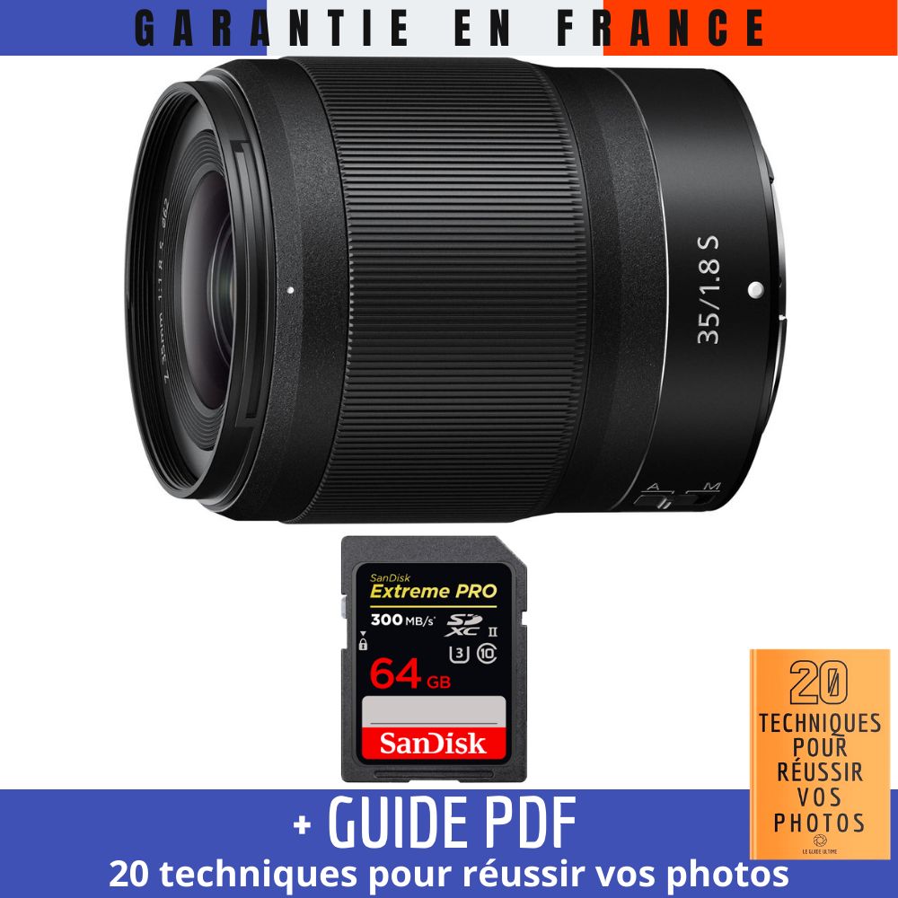 Nikon Z 35mm f/1.8 S Lens + 64GB SanDisk UHS-II Card + '20 TECHNIQUES POUR RÉUSSIR VOS PHOTOS' Guide