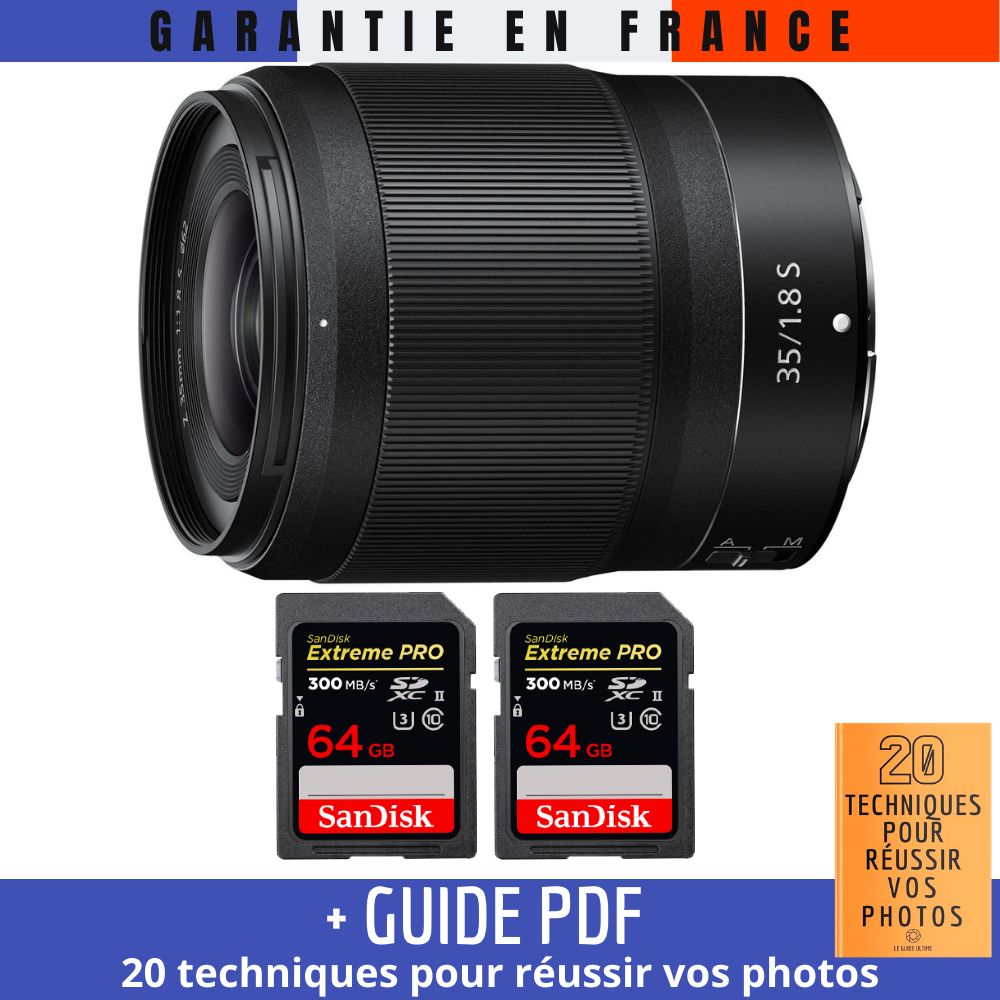 Nikon Z 35mm f/1.8 S Lens + 2 SanDisk 64GB UHS-II 300MB/s Cards + '20 TECHNIQUES POUR RÉUSSIR VOS PHOTOS' Guide