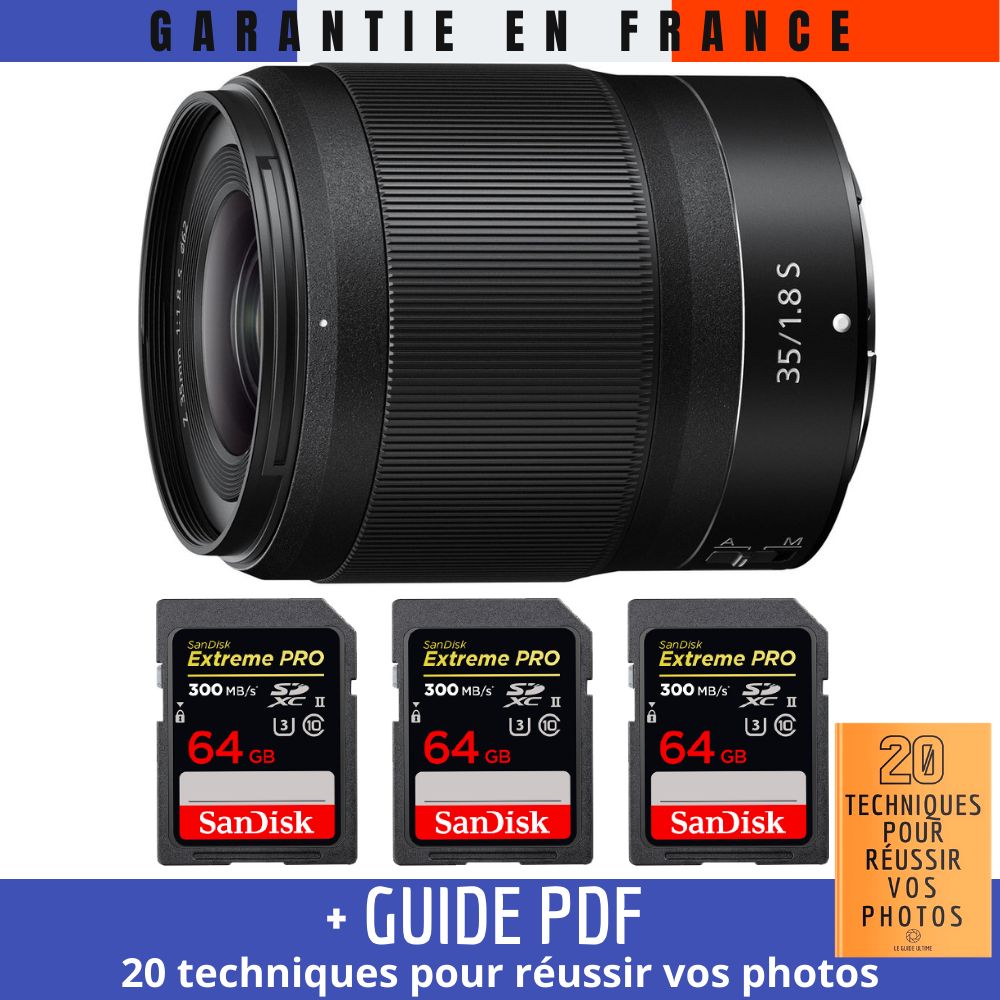 Nikon Z 35mm f/1.8 S Lens + 3 SanDisk 64GB UHS-II Cards (300MB/s) + Guide: '20 TECHNIQUES POUR RÉUSSIR VOS PHOTOS'