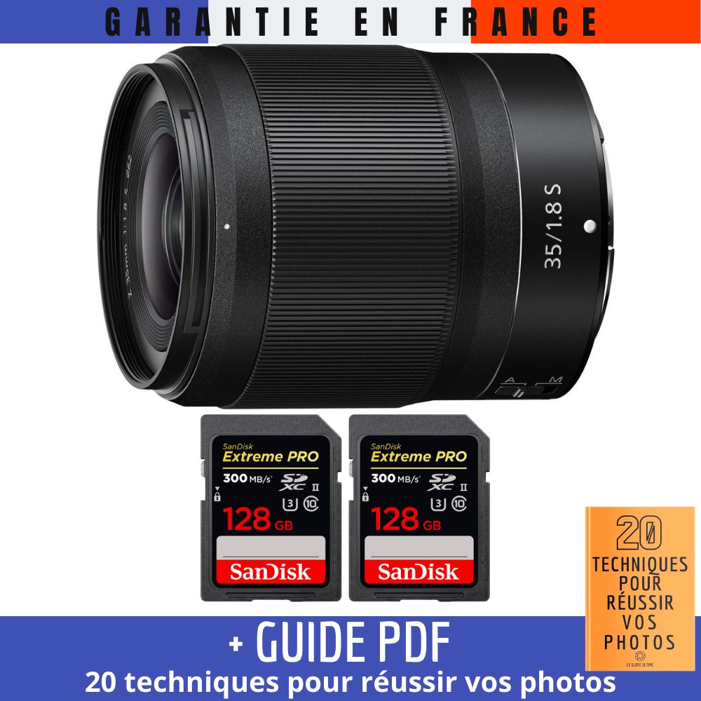 Nikon Z 35mm f/1.8 S Lens + 2 SanDisk 128GB UHS-II 300MB/s Cards + '20 TECHNIQUES POUR RÉUSSIR VOS PHOTOS' Guide