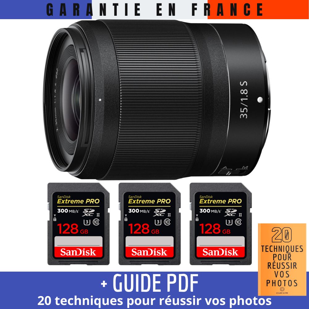 Nikon Z 35mm f/1.8 S Lens + 3 SanDisk 128GB UHS-II 300MB/s Cards + '20 TECHNIQUES POUR RÉUSSIR VOS PHOTOS' Guide