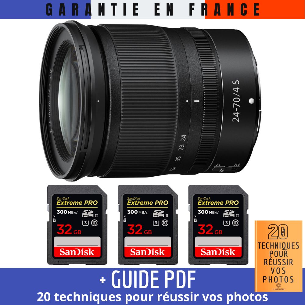 Nikon Z 24-70mm f/4 S Lens + 3 SanDisk 32GB UHS-II 300MB/s Cards + '20 TECHNIQUES POUR RÉUSSIR VOS PHOTOS' Guide