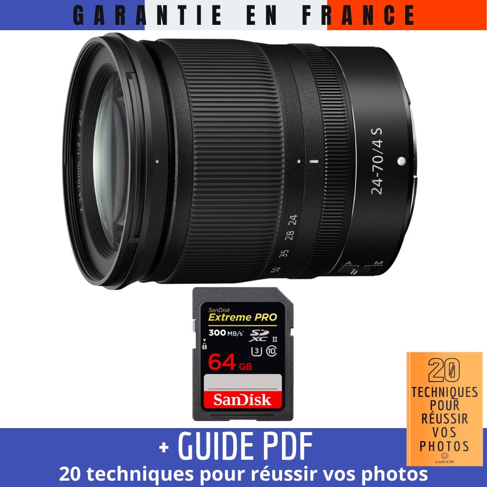 Nikon Z 24-70mm f/4 S Lens + 64GB SanDisk UHS-II 300MB/s Memory Card + '20 TECHNIQUES POUR RÉUSSIR VOS PHOTOS' Guide