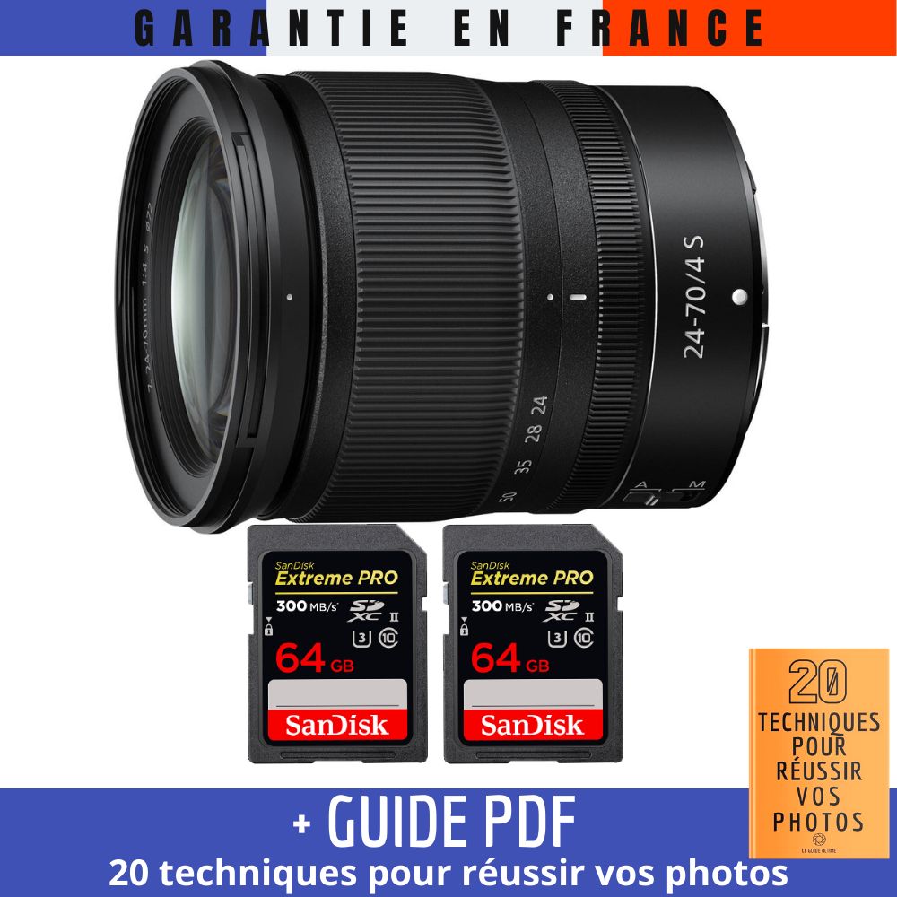 Nikon Z 24-70mm f/4 S Lens + 2 SanDisk 64GB UHS-II 300MB/s Cards + '20 TECHNIQUES POUR RÉUSSIR VOS PHOTOS' Guide