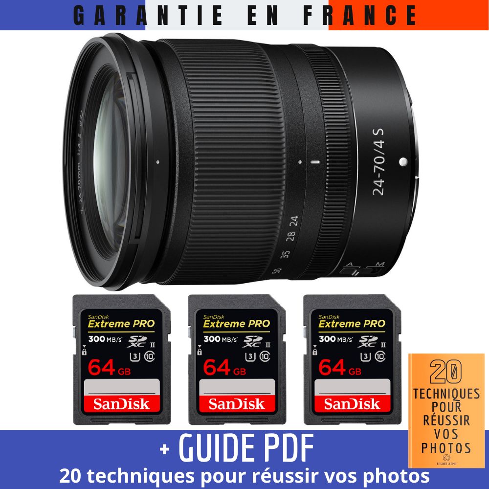 Nikon Z 24-70mm f/4 S Lens + 3 SanDisk 64GB UHS-II Cards + PDF Guide