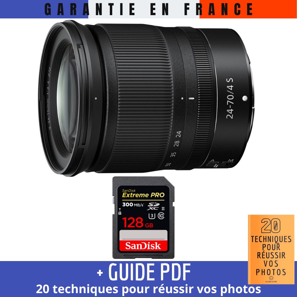 Nikon Z 24-70mm f/4 S Lens + 1 SanDisk 128GB UHS-II 300MB/s Card + '20 TECHNIQUES POUR RÉUSSIR VOS PHOTOS' Guide