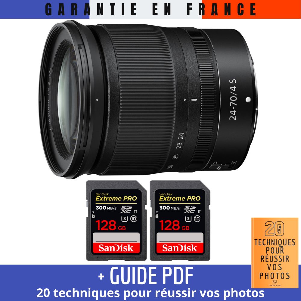 Nikon Z 24-70mm f/4 S Lens + 2x 128GB SanDisk UHS-II Cards + '20 TECHNIQUES POUR RÉUSSIR VOS PHOTOS' Guide