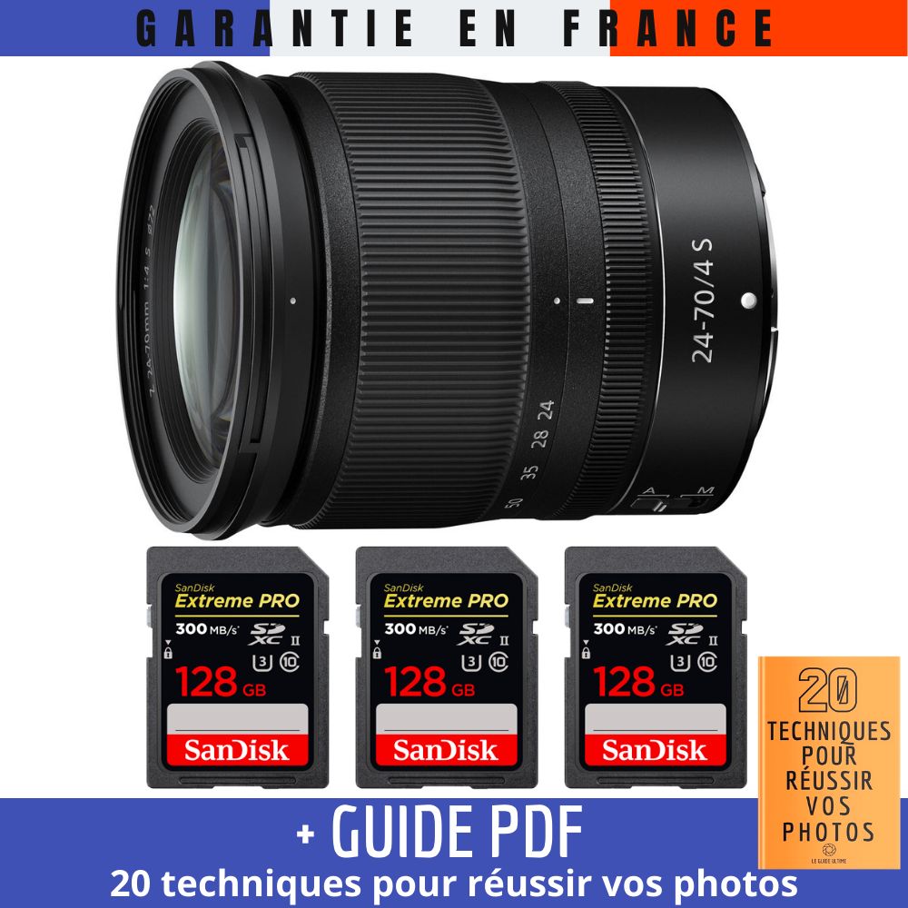 Nikon Z 24-70mm f/4 S Lens + 3 SanDisk 128GB UHS-II 300MB/s Cards + '20 TECHNIQUES POUR RÉUSSIR VOS PHOTOS' Guide