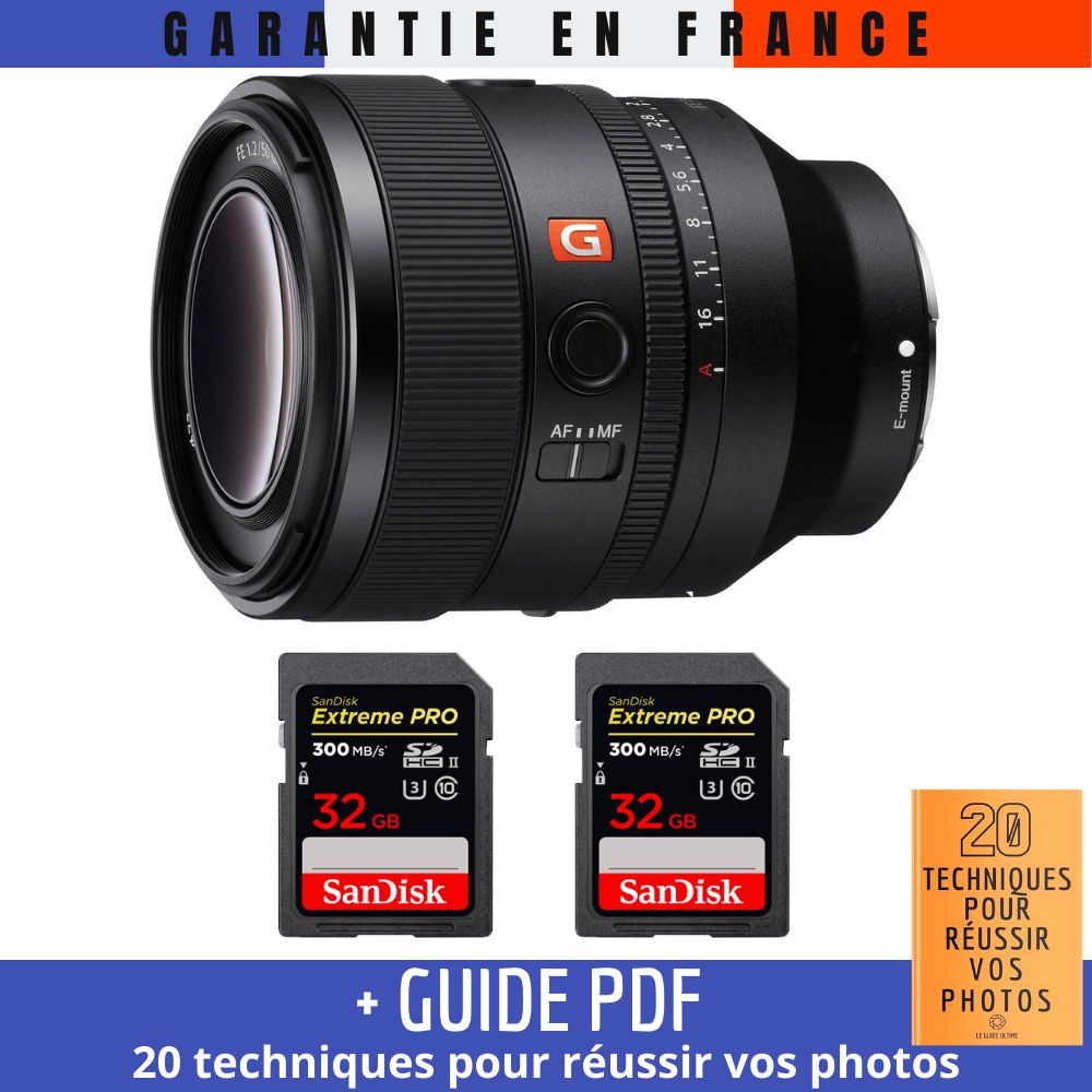 Sony FE 50mm f/1.2 GM Lens + 2 SanDisk 32GB Extreme PRO UHS-II SDXC Memory Cards + '20 TECHNIQUES POUR RÉUSSIR VOS PHOTOS' Guide