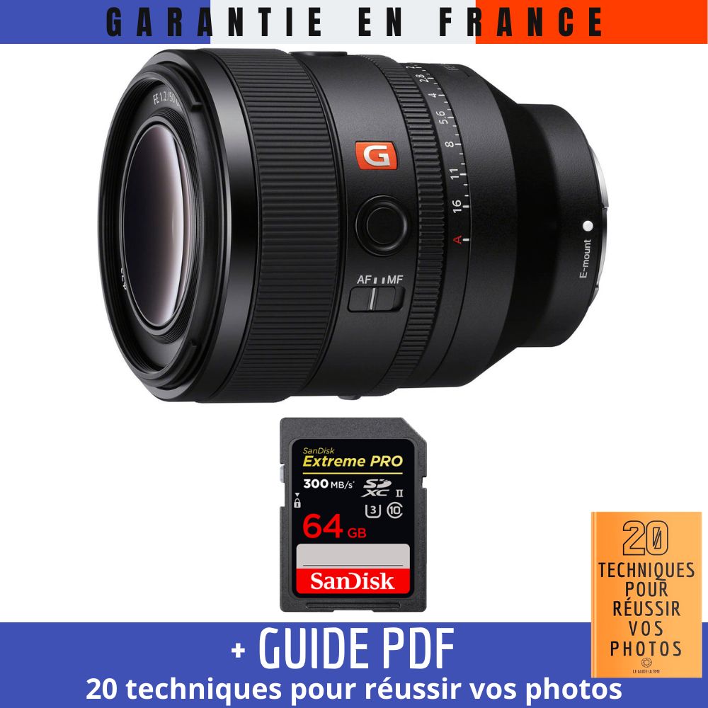 Sony FE 50mm f/1.2 GM Lens + 64GB SanDisk Extreme PRO UHS-II SDXC Card (300 MB/s) + '20 TECHNIQUES POUR RÉUSSIR VOS PHOTOS' Guide