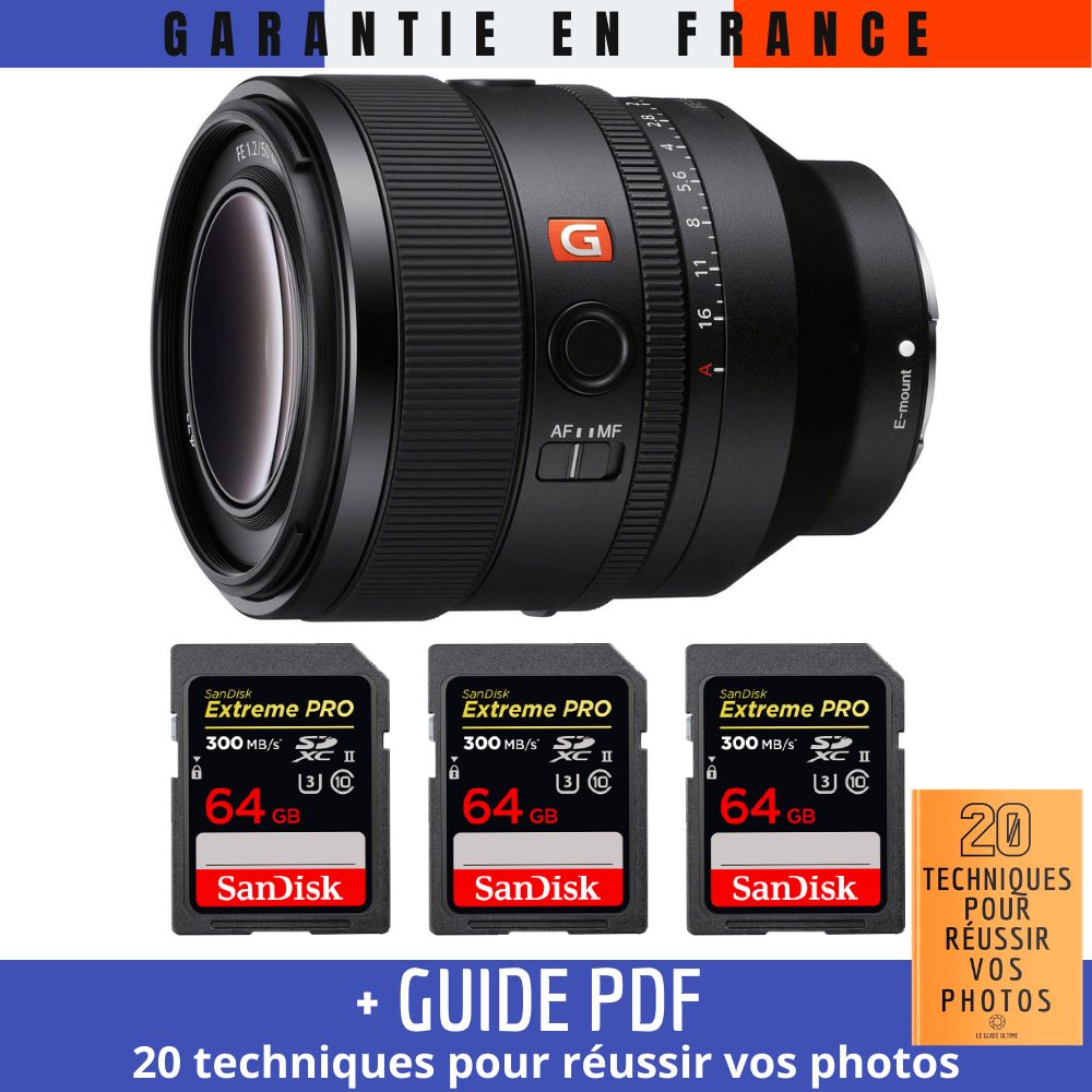 Sony FE 50mm f/1.2 GM Lens + 3 SanDisk 64GB Extreme PRO UHS-II SDXC Cards (300MB/s) + '20 TECHNIQUES POUR RÉUSSIR VOS PHOTOS' Guide