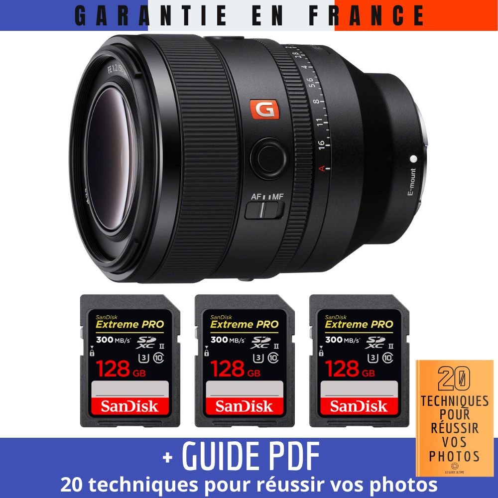 Sony FE 50mm f/1.2 GM Lens + 3 SanDisk 128GB Extreme PRO UHS-II SDXC Cards + '20 TECHNIQUES FOR Succeeding in Your Photos' Guide