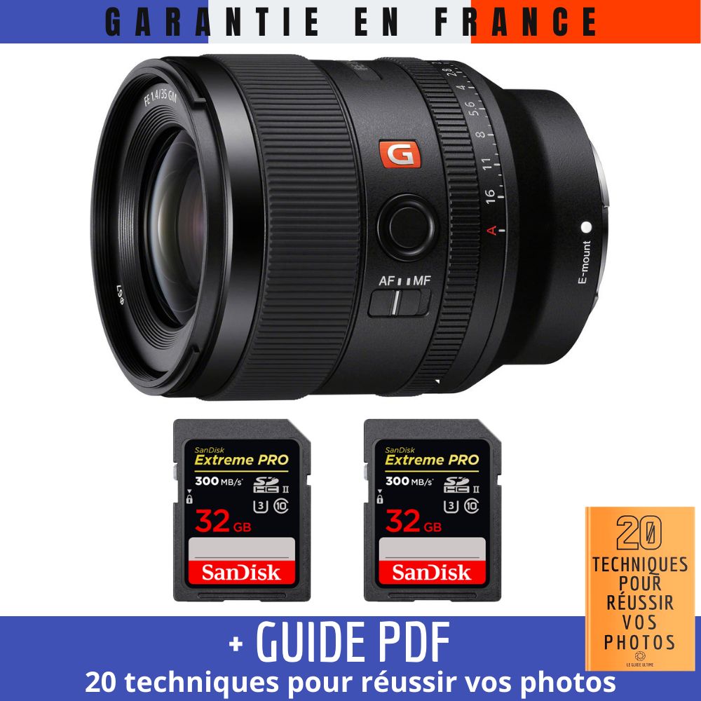 Sony FE 35mm f/1.4 GM Lens + 2 SanDisk 32GB Extreme PRO UHS-II SDXC Cards (300MB/s) + '20 TECHNIQUES POUR RÉUSSIR VOS PHOTOS' Guide