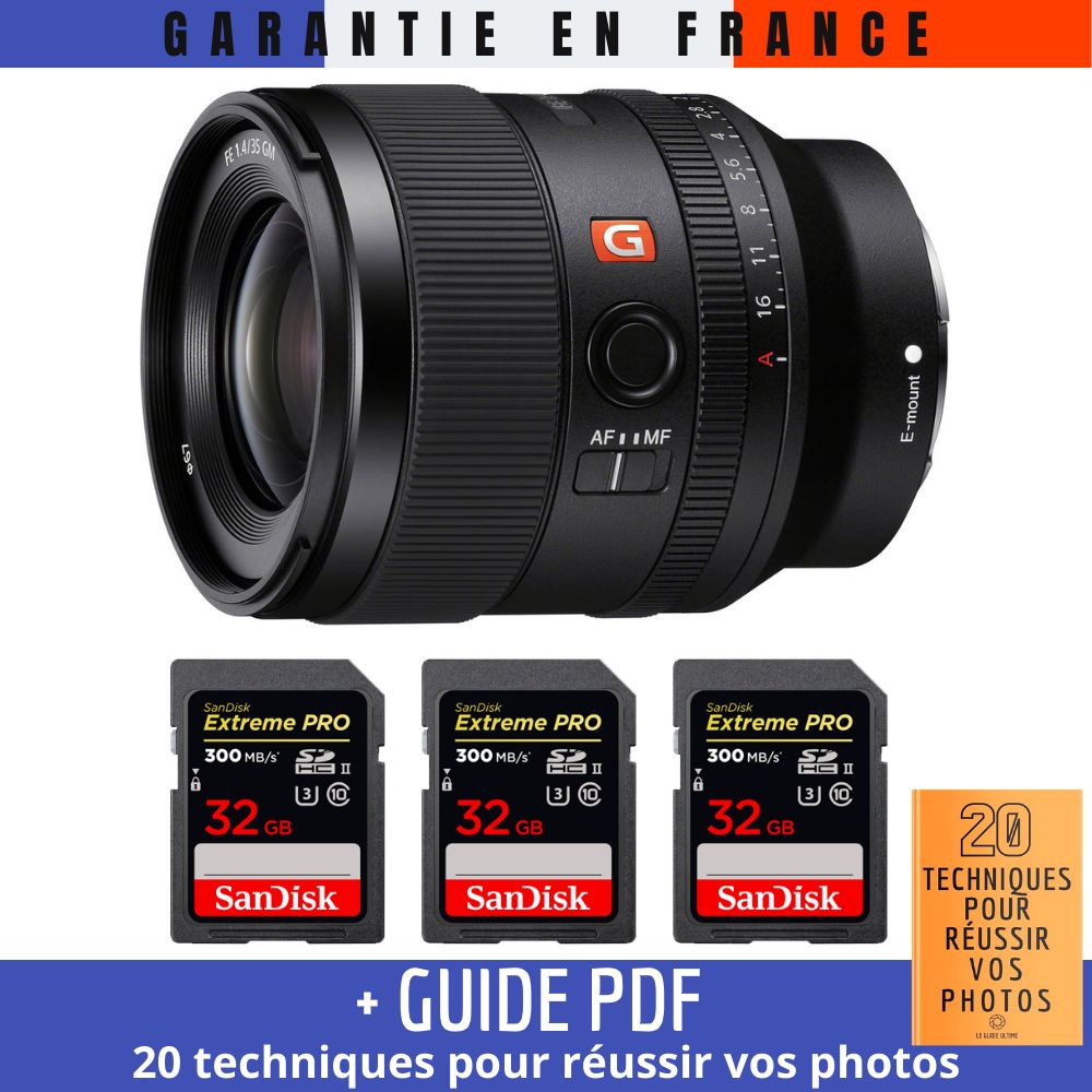 Sony FE 35mm f/1.4 GM Lens + 3 SanDisk 32GB Extreme PRO UHS-II SDXC Cards + '20 TECHNIQUES POUR RÉUSSIR VOS PHOTOS' Guide