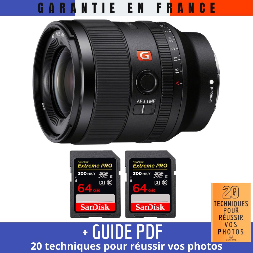 Sony FE 35mm f/1.4 GM Lens + 2 SanDisk 64GB Extreme PRO UHS-II SDXC Cards + '20 TECHNIQUES POUR RÉUSSIR VOS PHOTOS' Guide