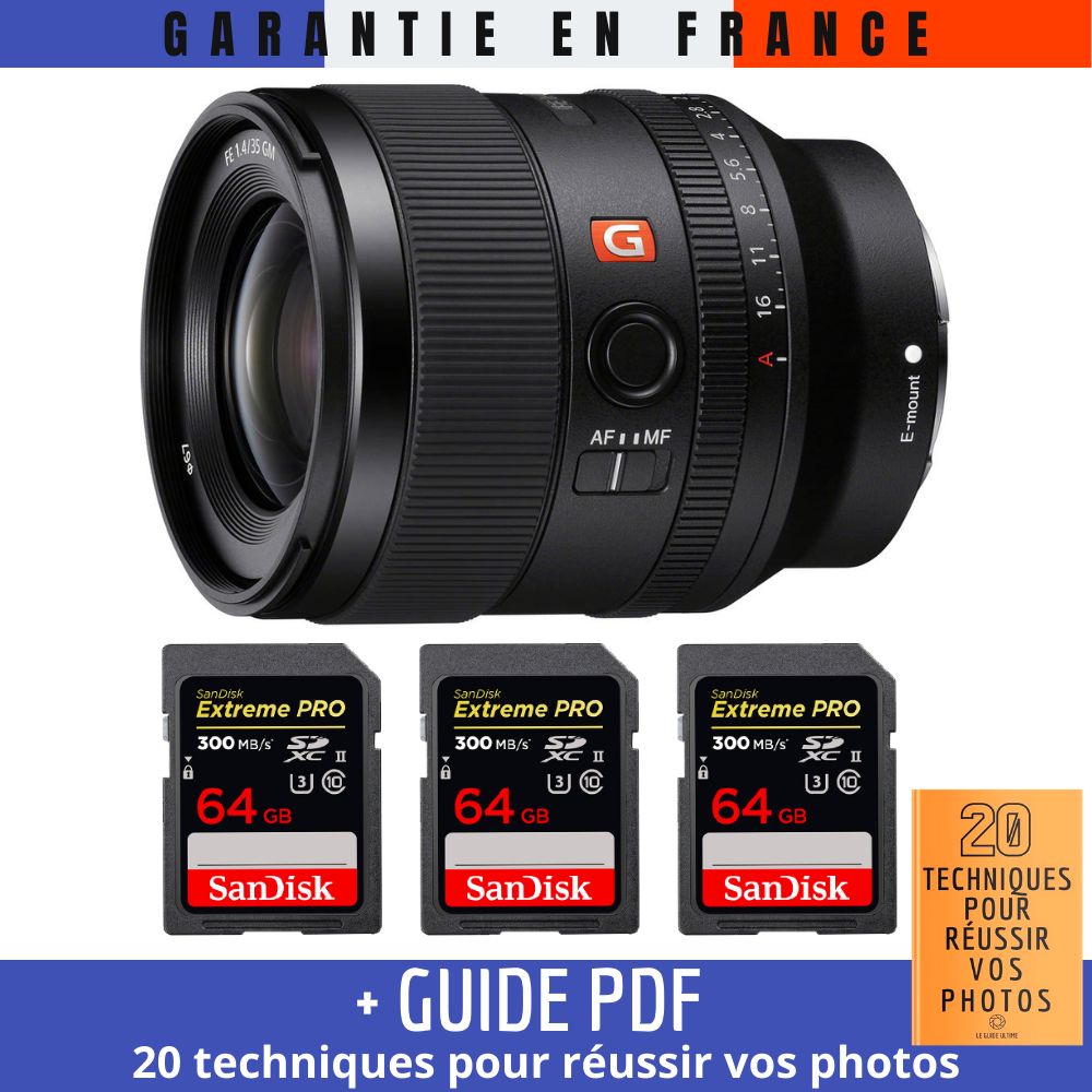 Sony FE 35mm f/1.4 GM Lens + 3 SanDisk 64GB Extreme PRO UHS-II SDXC Cards (300MB/s) + '20 TECHNIQUES POUR RÉUSSIR VOS PHOTOS' Guide