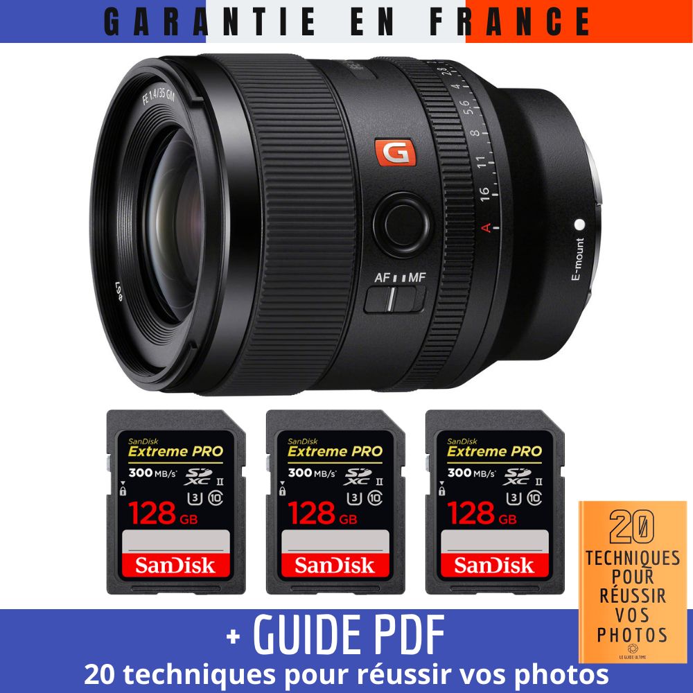 Sony FE 35mm f/1.4 GM Lens + 3 SanDisk 128GB Extreme PRO UHS-II SDXC Cards (300MB/s) + PDF Guide: '20 TECHNIQUES POUR RÉUSSIR VOS PHOTOS'