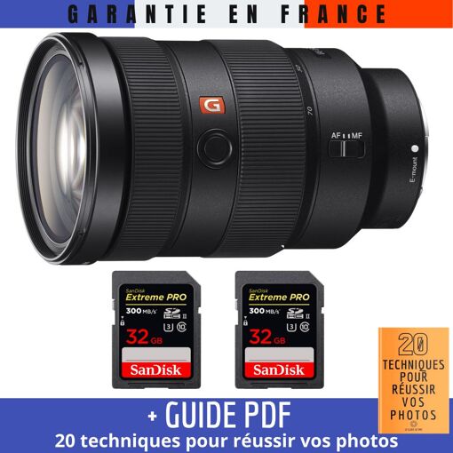 Lente Sony FE 24-70mm f/2.8 GM + 2 tarjetas SanDisk 32GB Extreme PRO UHS-II SDXC 300 MB/s + guía '20 TÉCNICAS PARA CONSEGUIR FOTOS EXCELENTES'