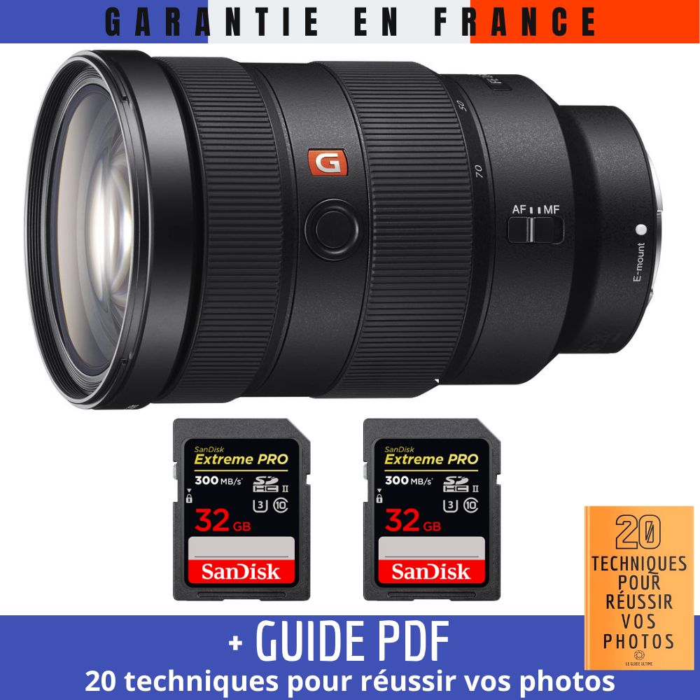 Sony FE 24-70mm f/2.8 GM Lens + 2 SanDisk 32GB Extreme PRO UHS-II SDXC Cards + '20 TECHNIQUES POUR RÉUSSIR VOS PHOTOS' Guide