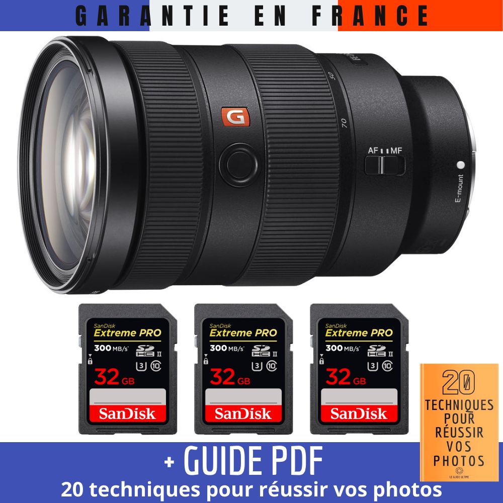 Sony FE 24-70mm f/2.8 GM Lens + 3 SanDisk 32GB Extreme PRO UHS-II SDXC Cards + '20 TECHNIQUES POUR RÉUSSIR VOS PHOTOS' Guide