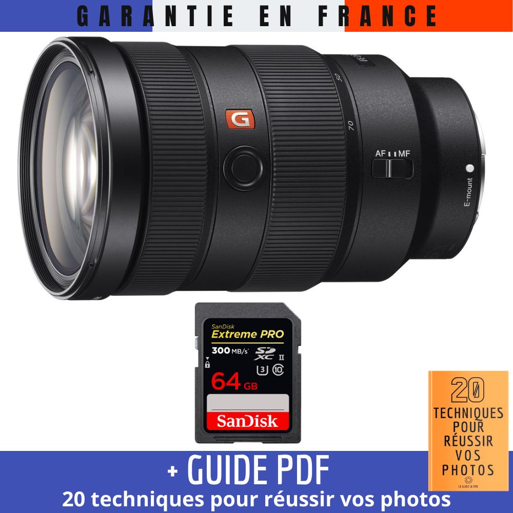 Sony FE 24-70mm f/2.8 GM Lens + 1 SanDisk 64GB Extreme PRO UHS-II SDXC Card + '20 TECHNIQUES POUR RÉUSSIR VOS PHOTOS' Guide