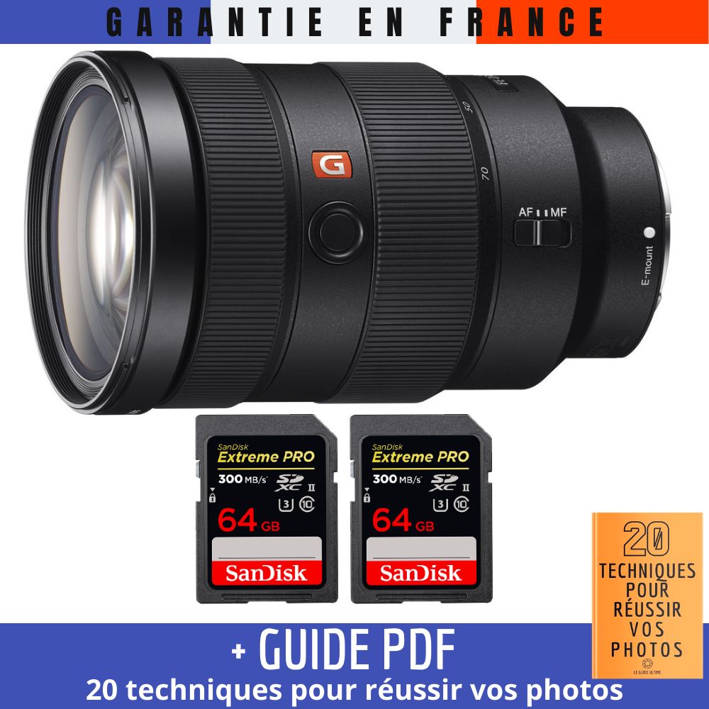 Sony FE 24-70mm f/2.8 GM Lens + 2 SanDisk 64GB Extreme PRO UHS-II SDXC Cards + '20 TECHNIQUES POUR RÉUSSIR VOS PHOTOS' Guide