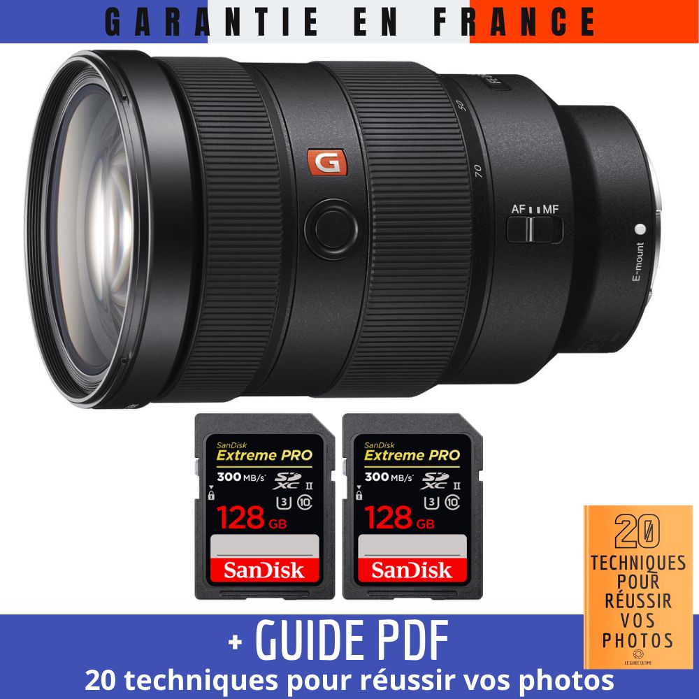 Sony FE 24-70mm f/2.8 GM Lens + 2 SanDisk 128GB Extreme PRO UHS-II SDXC Cards + '20 TECHNIQUES POUR RÉUSSIR VOS PHOTOS' Guide
