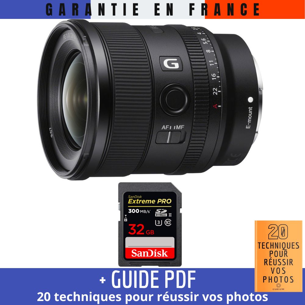 Sony FE 20mm f/1.8 G Lens + 32GB SanDisk Extreme PRO UHS-II SDXC Card (300 MB/s) + Guide PDF '20 TECHNIQUES POUR RÉUSSIR VOS PHOTOS'