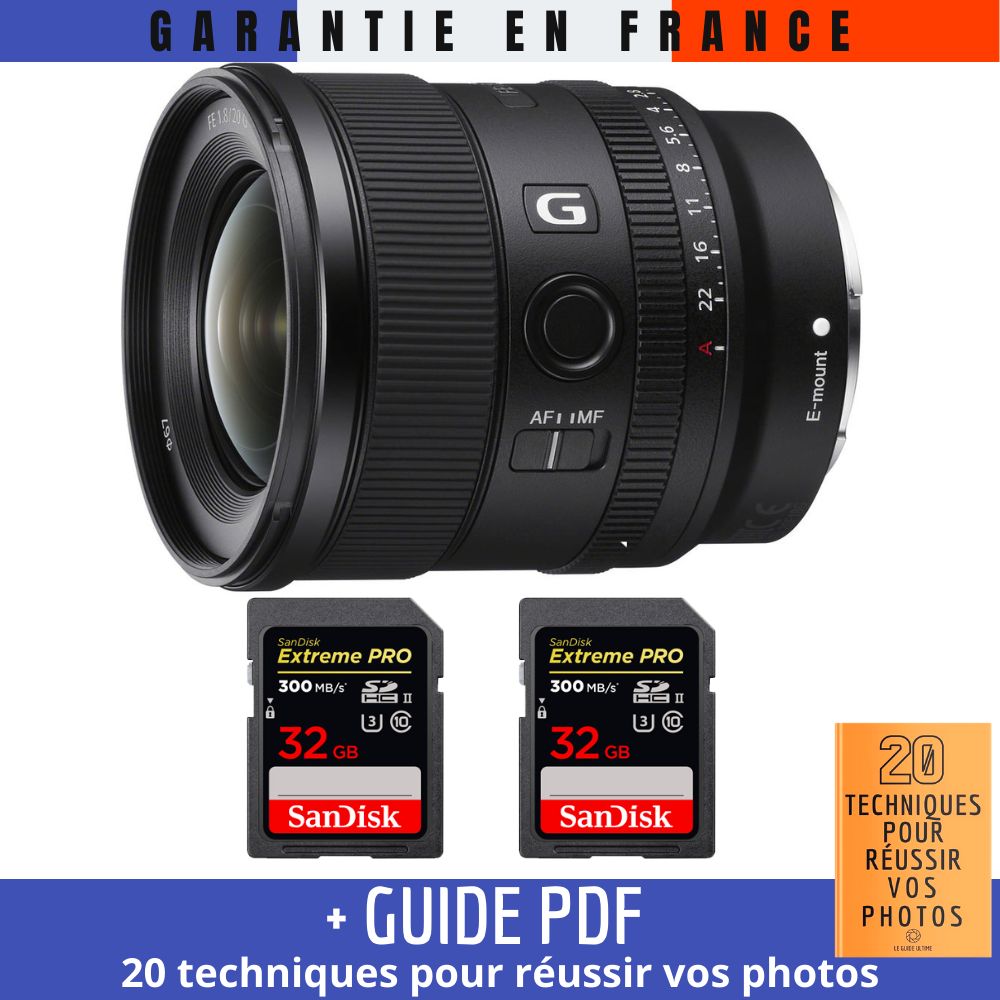 Sony FE 20mm f/1.8 G Lens + 2 SanDisk 32GB Extreme PRO UHS-II SDXC Cards (300MB/s) + '20 Techniques for Succeeding with Your Photos' Guide