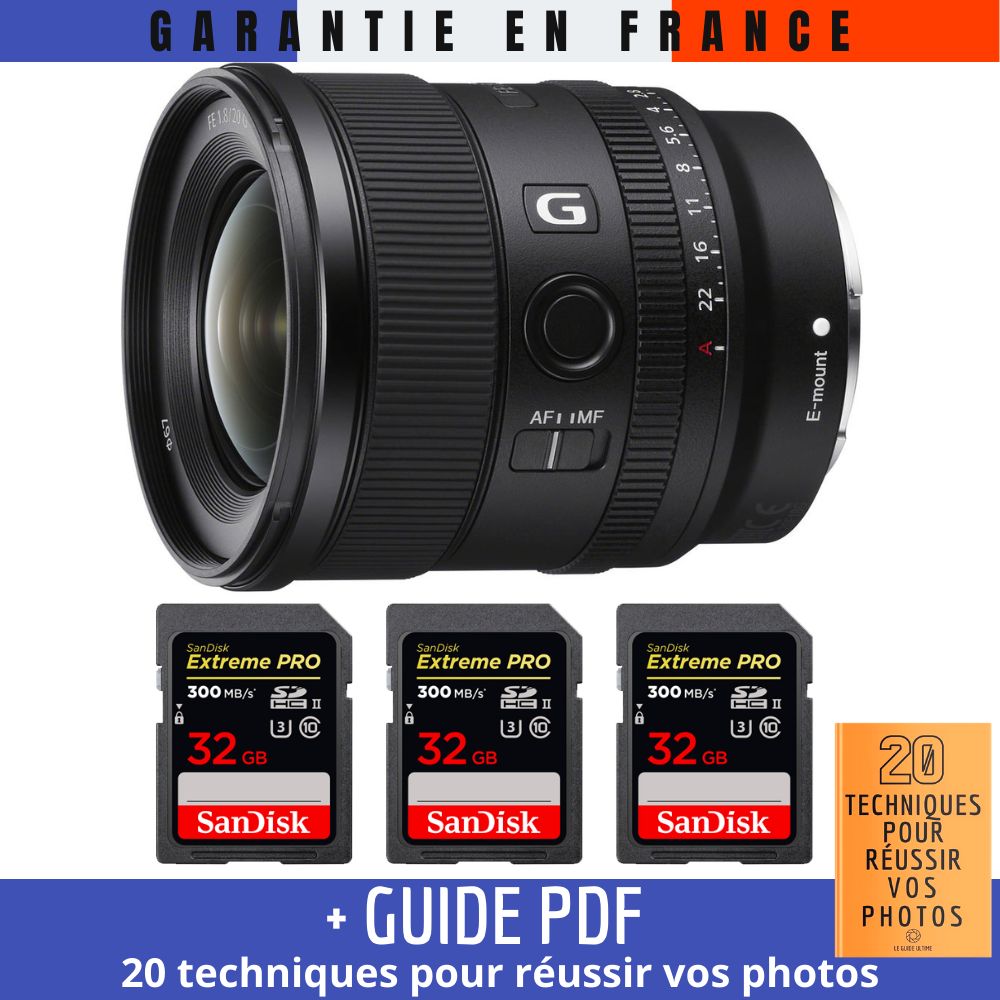 Sony FE 20mm f/1.8 G Lens + 3 SanDisk 32GB Extreme PRO UHS-II SDXC Cards (300MB/s) + '20 TECHNIQUES POUR RÉUSSIR VOS PHOTOS' Guide