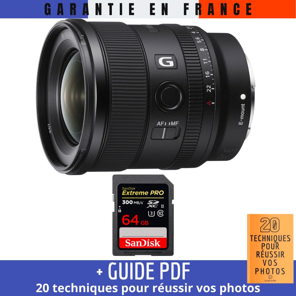 Sony FE 20mm f/1.8 G Lens + 64GB SanDisk Extreme PRO UHS-II SDXC Card (300MB/s) + '20 TECHNIQUES POUR RÉUSSIR VOS PHOTOS' Guide
