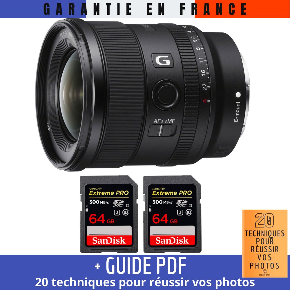 Sony FE 20mm f/1.8 G Lens + 2x 64GB SanDisk Extreme PRO UHS-II SDXC Cards (300MB/s) + Guide PDF '20 Techniques for Succeeding in Your Photos'